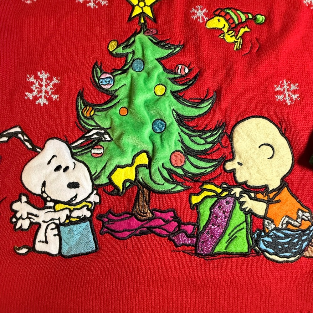 Peanuts Charlie Brown Snoopy Ugly Christmas Sweater Red Metallic Knit 2X - Picture 2 of 8